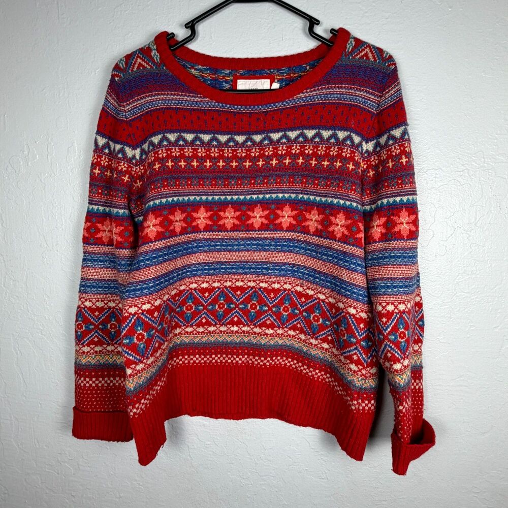 H&M l.o.g.g. Women’s L Fair Isle Nordic Sweater Angora Blend Red Blue Knit